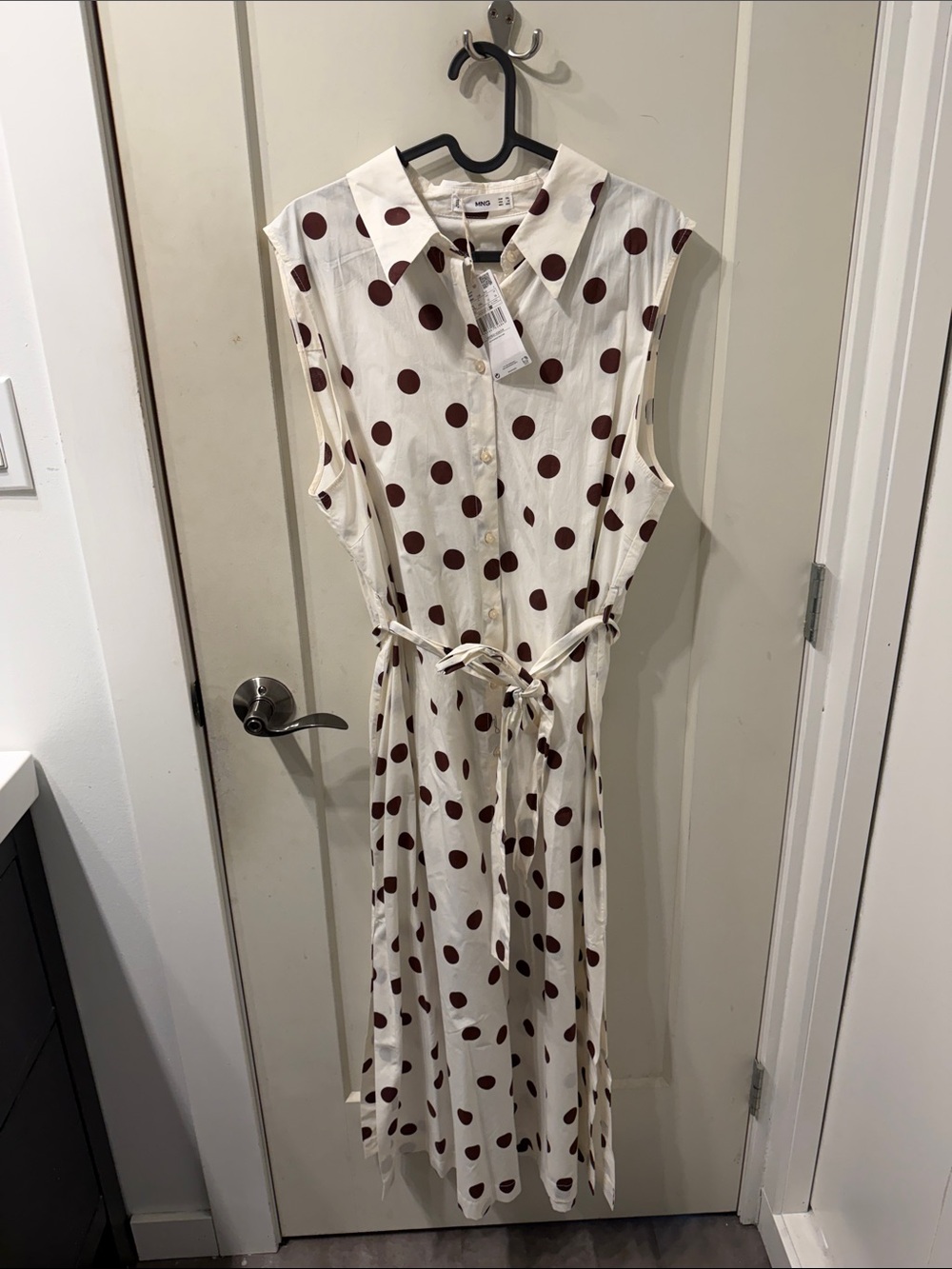 BNWT Mango Sleeveless Polka Dot Shirt Dress - White with Brown - 100% Cotton